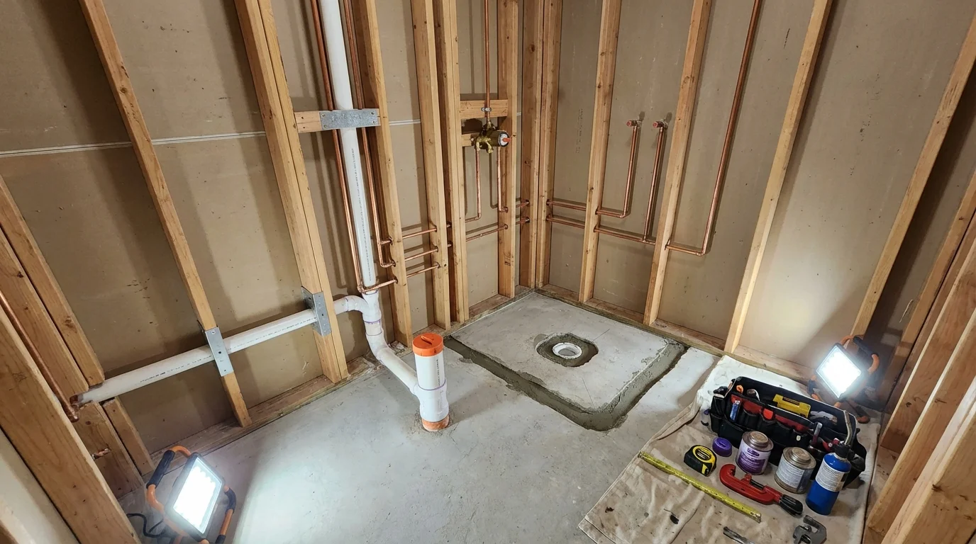 Bathroom rough-in plumbing during remodel by Johns Plumbing LLC in Pecatonica