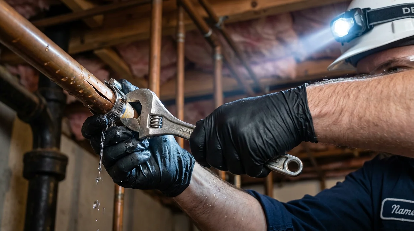 Emergency pipe clamp repair being performed by a Johns Plumbing LLC plumber in Pecatonica