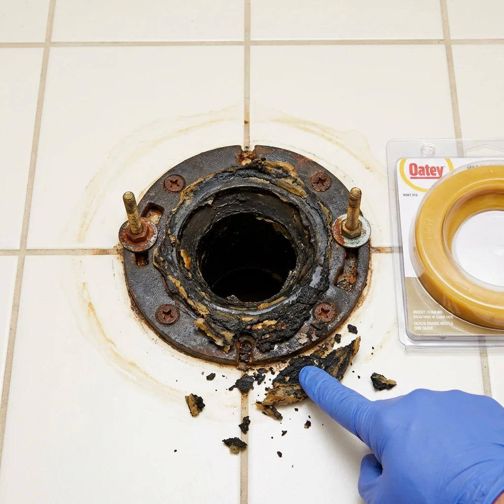 Failed wax ring showing water seepage at the base of a toilet in a Pecatonica, IL home