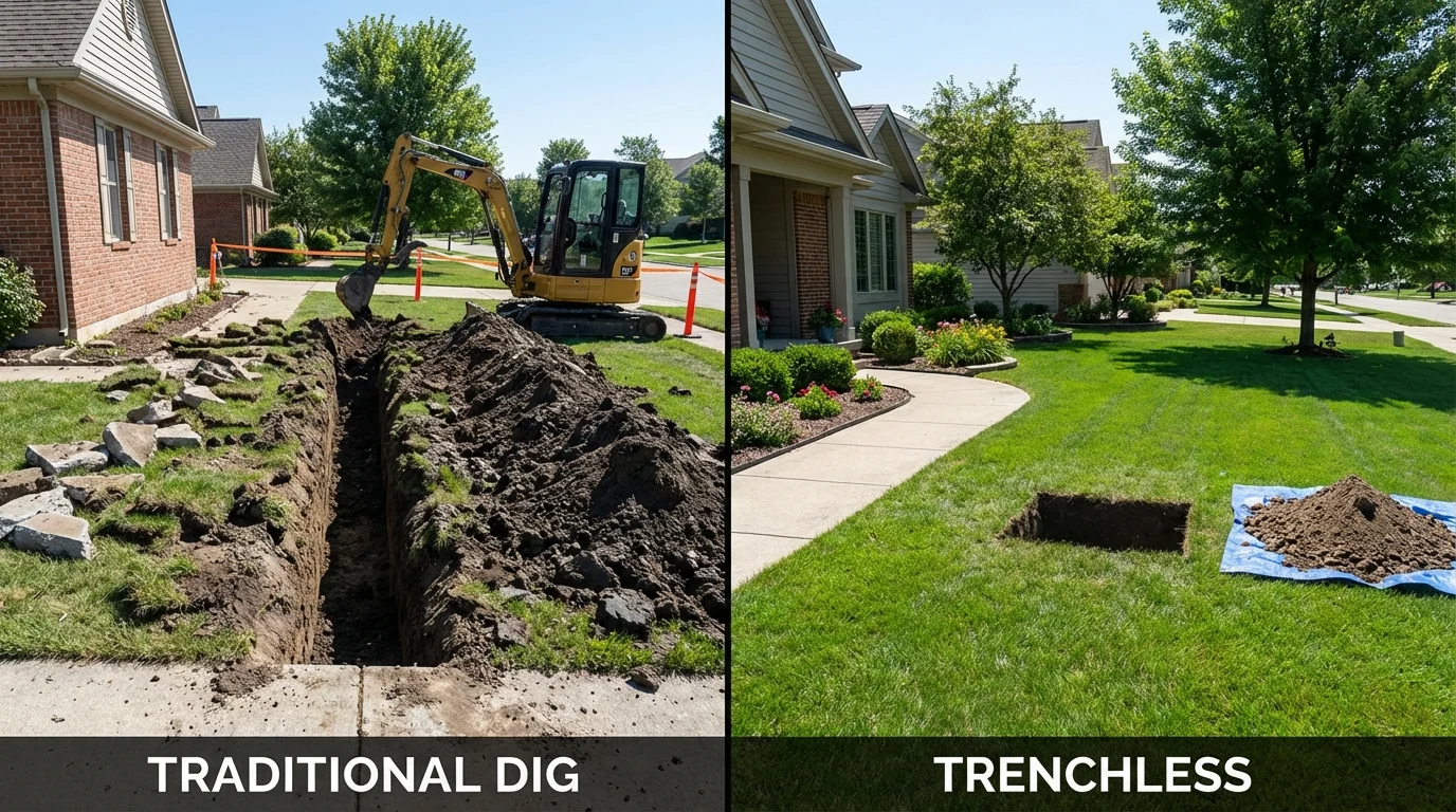 Trenchless sewer repair with minimal yard damage versus traditional excavation in Pecatonica, IL