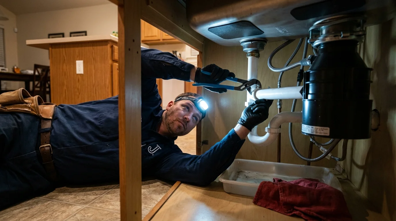P-trap and supply line connections under a kitchen sink showing a common leak point in Pecatonica, IL